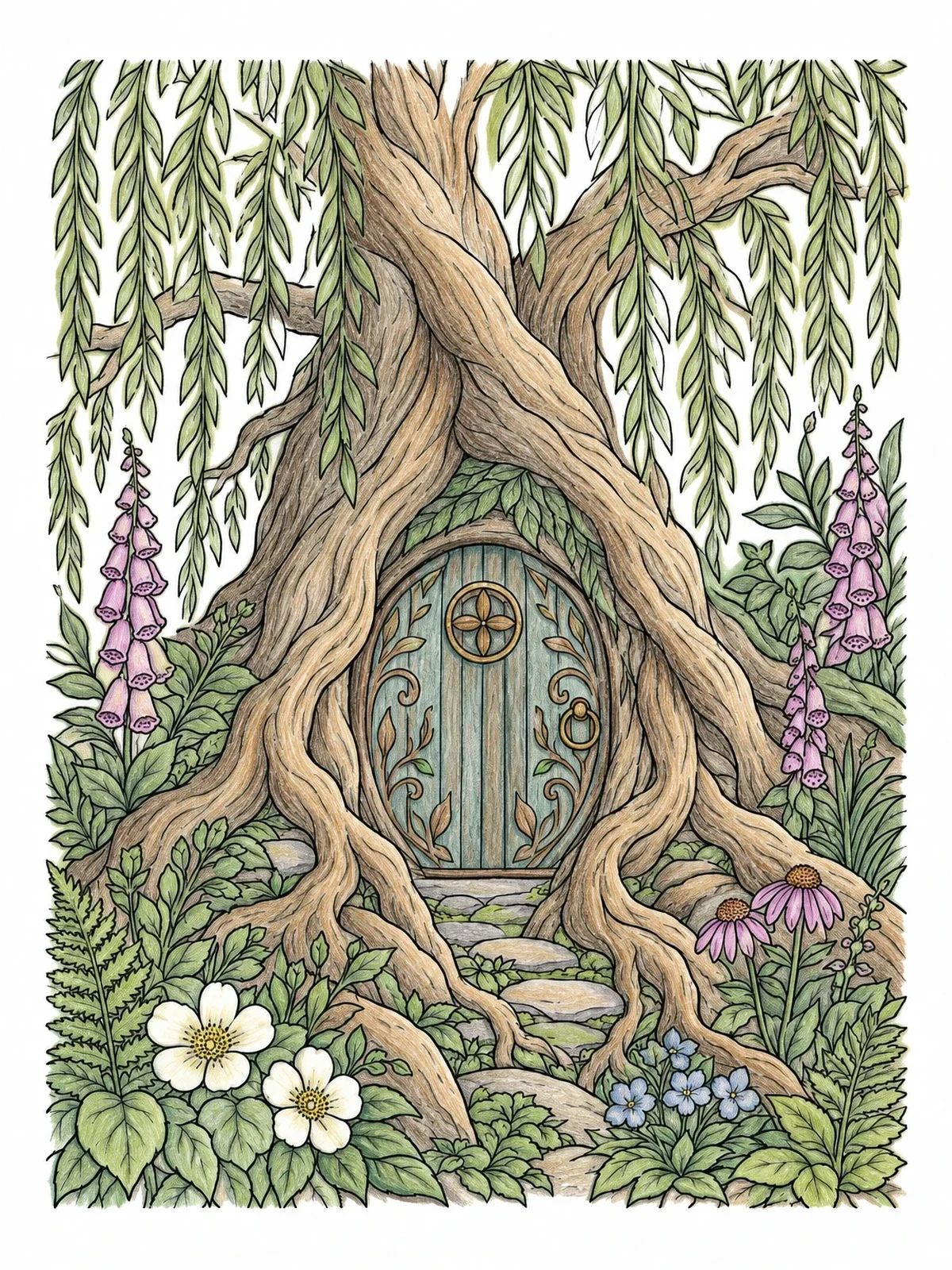 Colored example of the Willow Tree Fairy Door coloring page