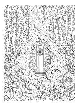 An enchanted forest fairy house coloring page with a wooden door framed by weeping willow branches and roots.