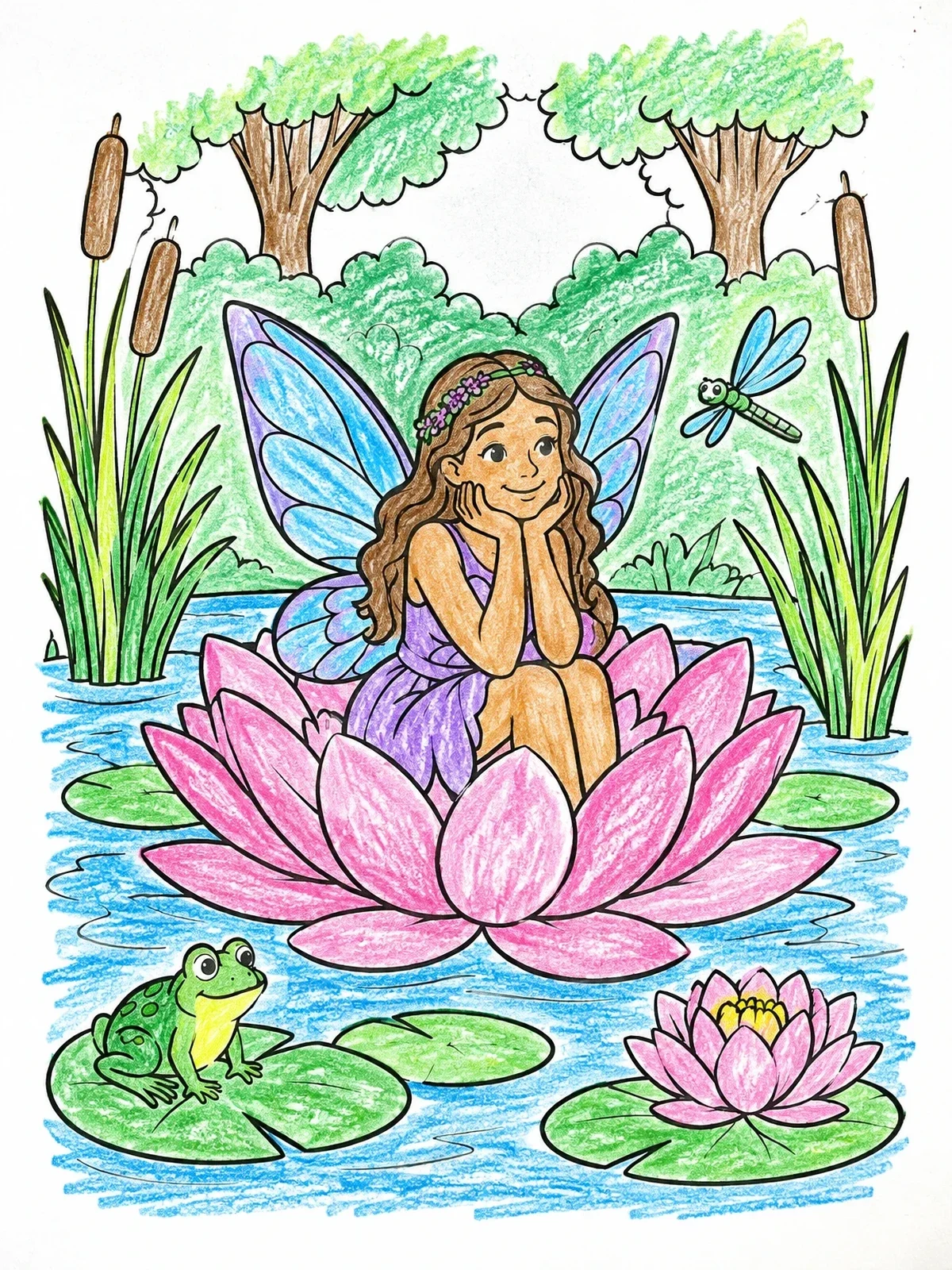 Colored example of the Fairy Resting In A Water Lily coloring page
