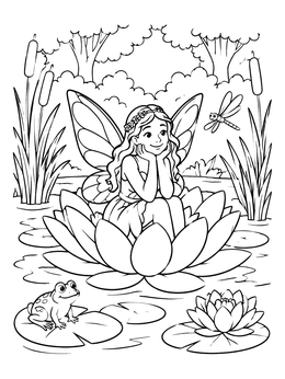 Free printable Fairy Resting In A Water Lily coloring page