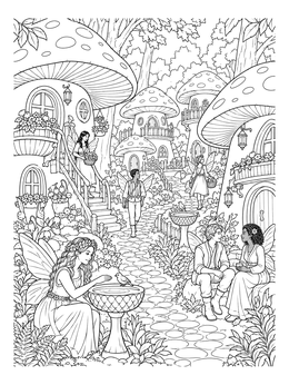 Free printable Fairy Village With Mushroom Houses coloring page