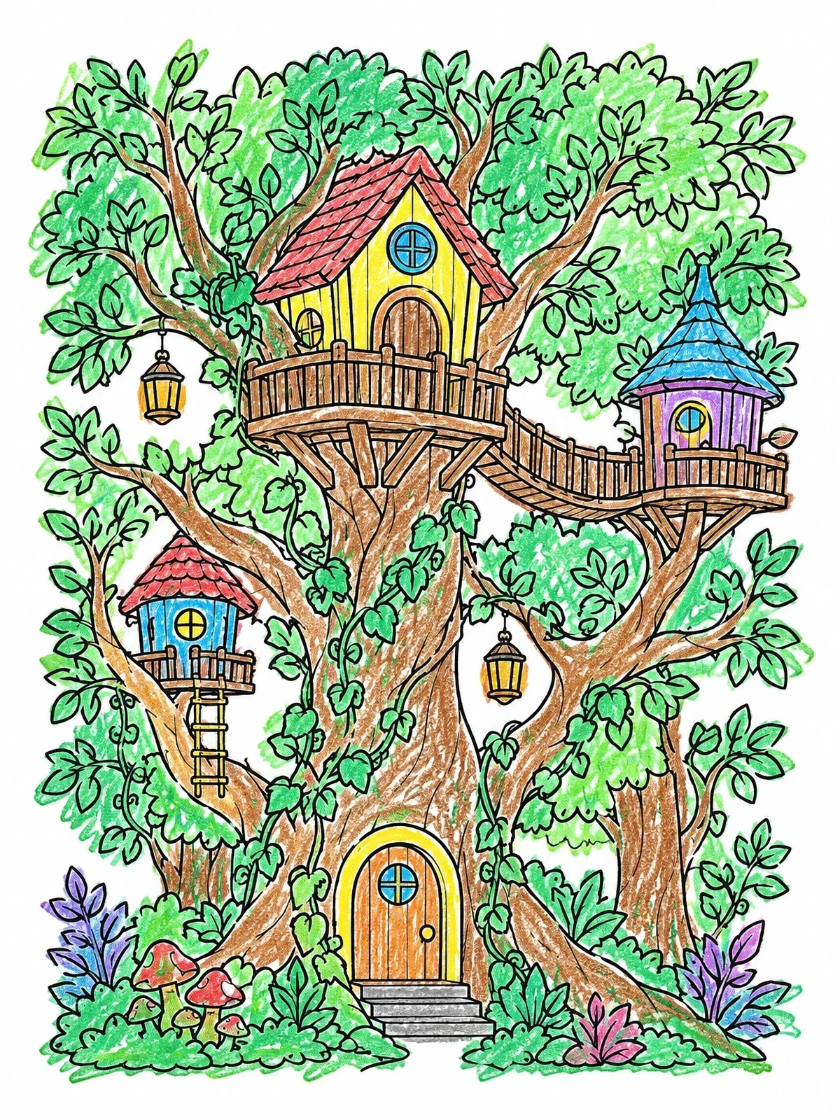 Colored example of the Magical Woodland Treehouse Village coloring page