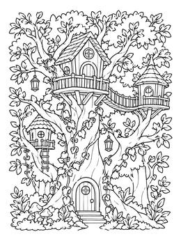 Free printable Magical Woodland Treehouse Village coloring page