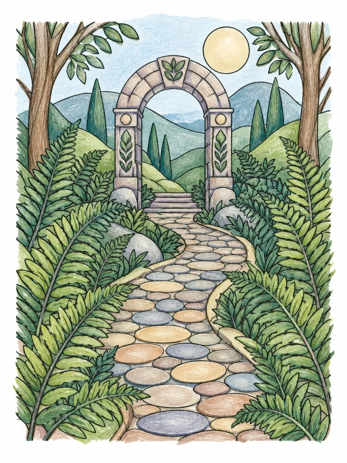 Colored example of the Stone Archway And Fern Pathway coloring page