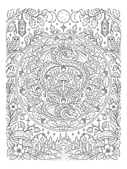 Free printable Woodland Dragon Mandala With Owls coloring page
