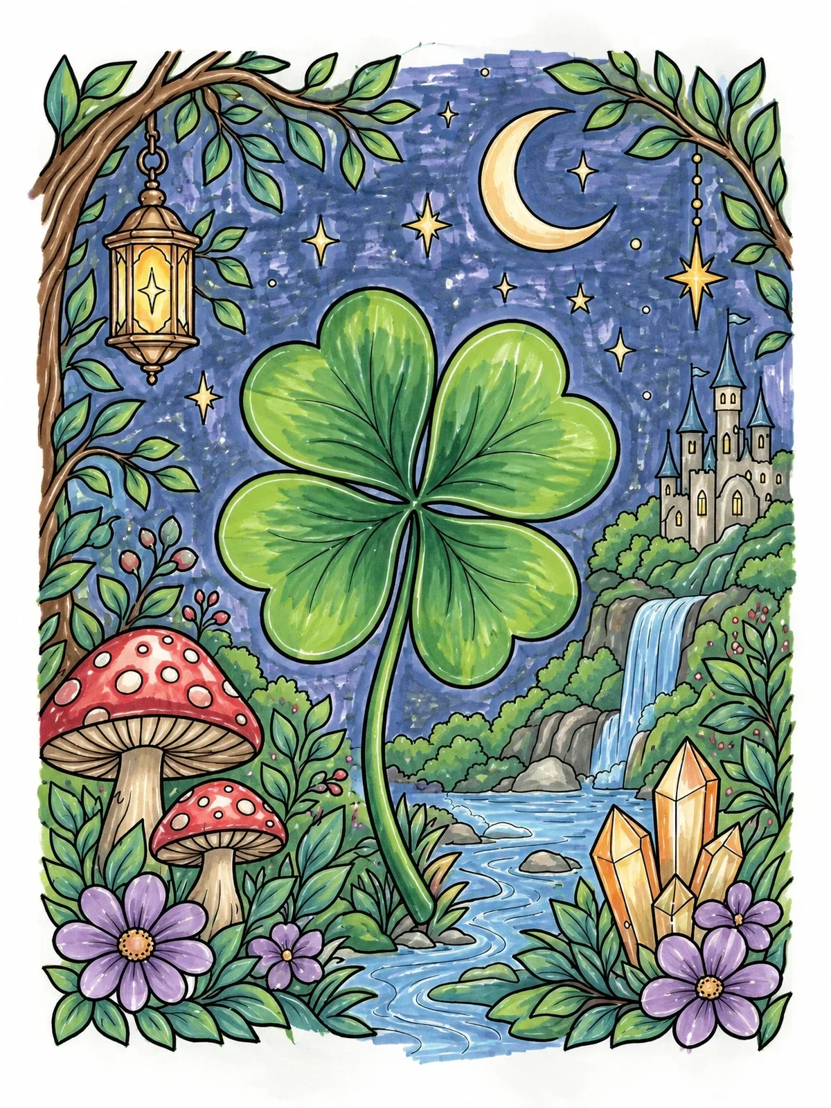 Colored example of the Enchanted Four Leaf Clover Landscape coloring page