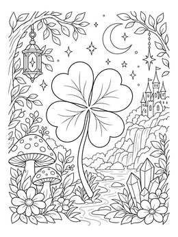 A four leaf clover coloring page set in a magical forest with a castle and waterfall.