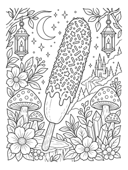 A magical banana coloring page featuring a dipped frozen banana surrounded by flowers, mushrooms, and lanterns.