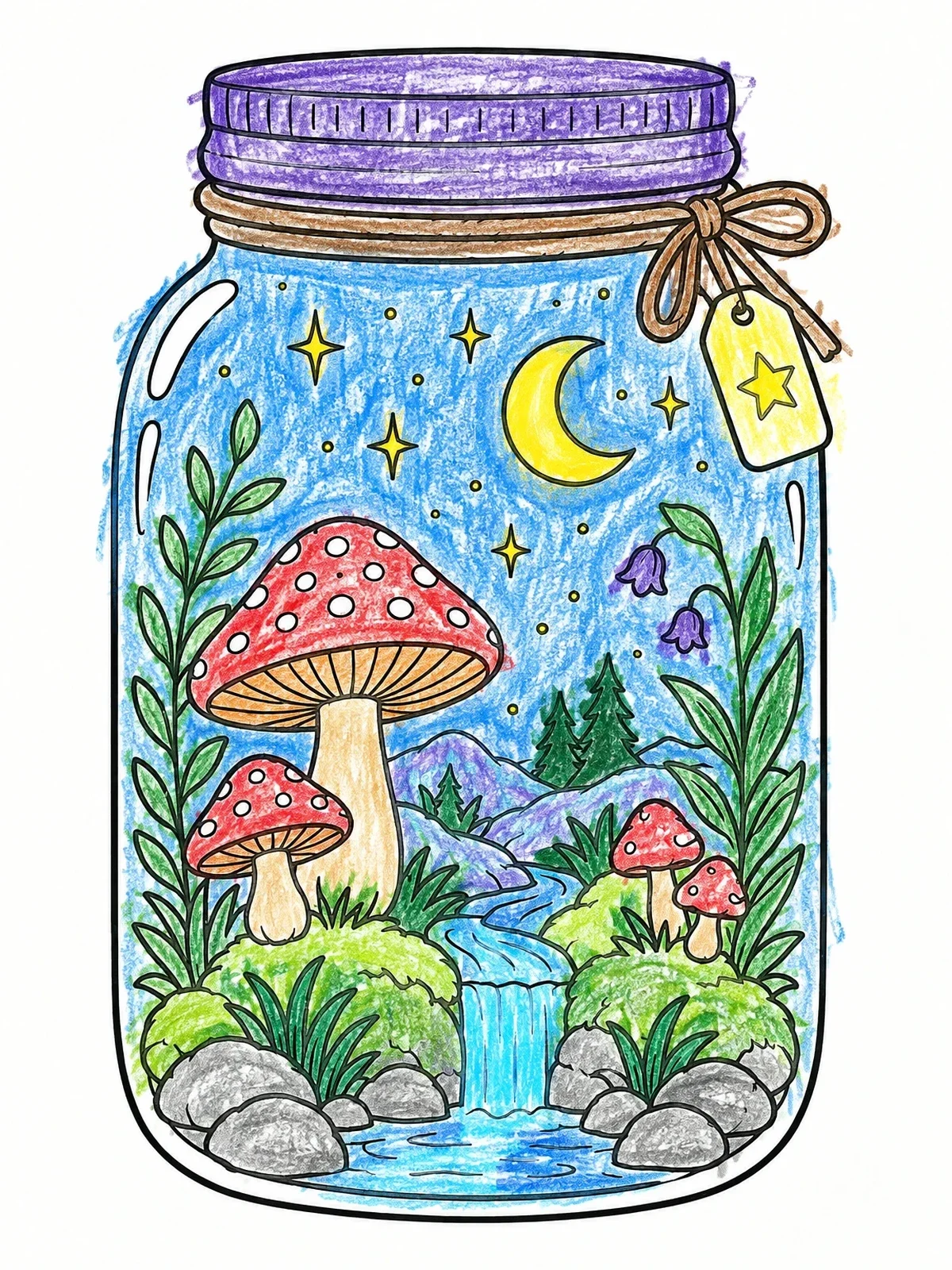 Colored example of the Enchanted Landscape In A Mason Jar coloring page