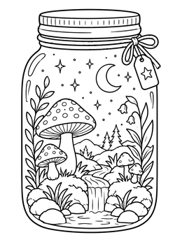 A magical mason jar coloring page filled with mushrooms, a waterfall, and a crescent moon.