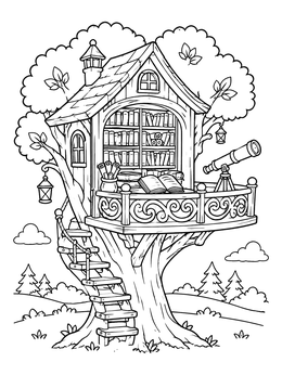 Free printable Enchanted Library In The Trees coloring page