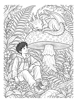 An enchanted mystical coloring page shows a hiker boy resting near a baby dragon asleep on a giant mushroom.