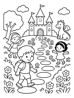 Free printable Children Walking To Fairy Tale Castle coloring page