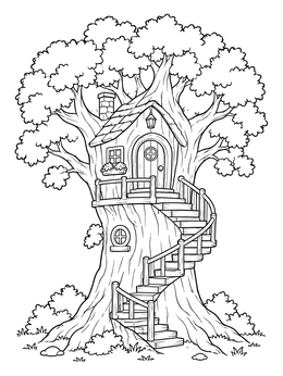 Free printable Cozy Treehouse In An Ancient Oak coloring page