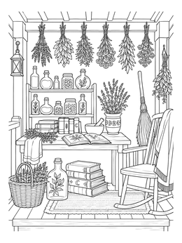 An enchanted mystical coloring page of a witch porch with herbs, books, and jars.