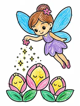 Cute Fairy Dusting Sleeping Flowers – Enchanted Mystical Coloring Page