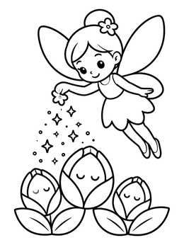 Free printable Cute Fairy Dusting Sleeping Flowers coloring page