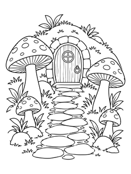 An enchanted mystical coloring page with a stone path leading past mushrooms to a hill door.