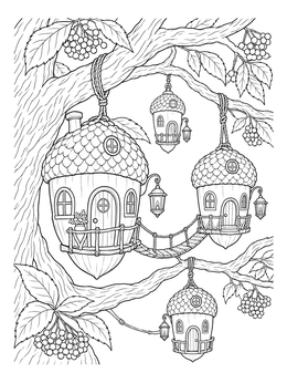 An enchanted mystical coloring page showing tiny acorn treehouses hanging from leafy elder branches.