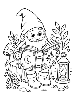Free printable Garden Gnome Reading Spellbook By Lantern coloring page
