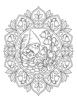 A small gnome waters flowers inside an enchanted mystical coloring page framed with mandala patterns.