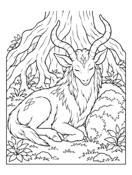 Free printable Horned Forest Spirit Resting By Ancient Tree coloring page