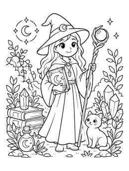 Free printable Little Sorceress With Staff And Cat coloring page