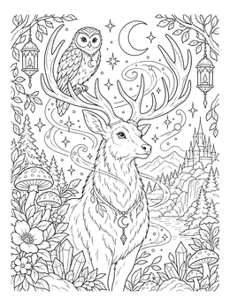 An enchanted mystical coloring page featuring a crowned stag with an owl on its antler under the moon.