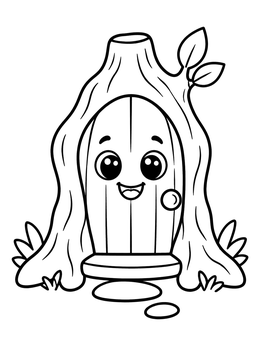 Free printable Smiling Fairy Door In Tree Trunk coloring page