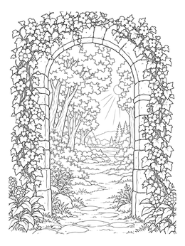An enchanted mystical coloring page showing a stone arch covered in ivy opening into a sunlit forest clearing.