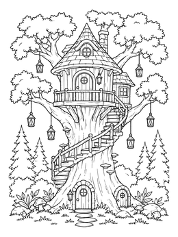 Free printable Whimsical Woodland Fantasy Treehouse coloring page