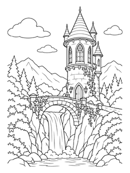 Free printable Fairytale Wizard Tower And Waterfall coloring page