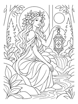 A forest nymph by a stream shines in this enchanted mystical coloring page.