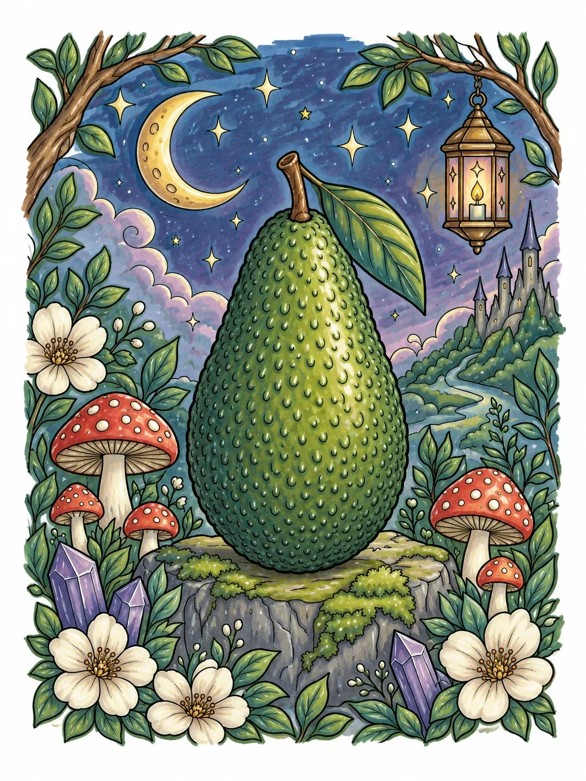 Colored example of the Enchanted Night Forest Avocado coloring page