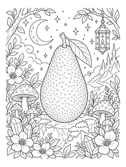 Detailed avocado coloring page set in a mystical forest with a crescent moon and lantern.