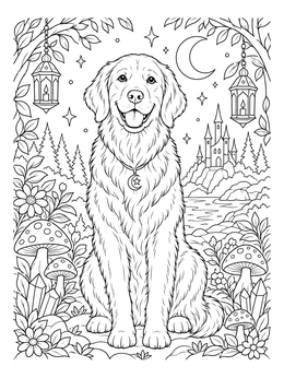 A magical golden retriever coloring page with mushrooms, lanterns, and a fairytale castle under the moon.