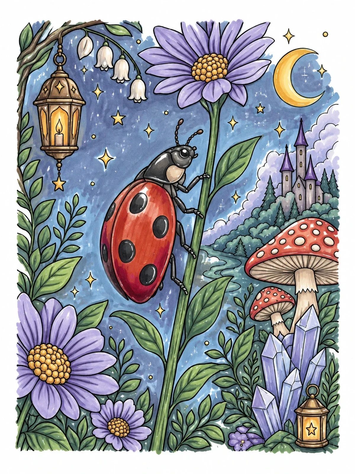 Colored example of the Enchanted Night Ladybug Climbing Stem coloring page
