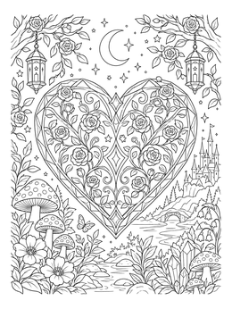 A mystical rose and heart coloring page featuring lanterns and a castle under the moon.
