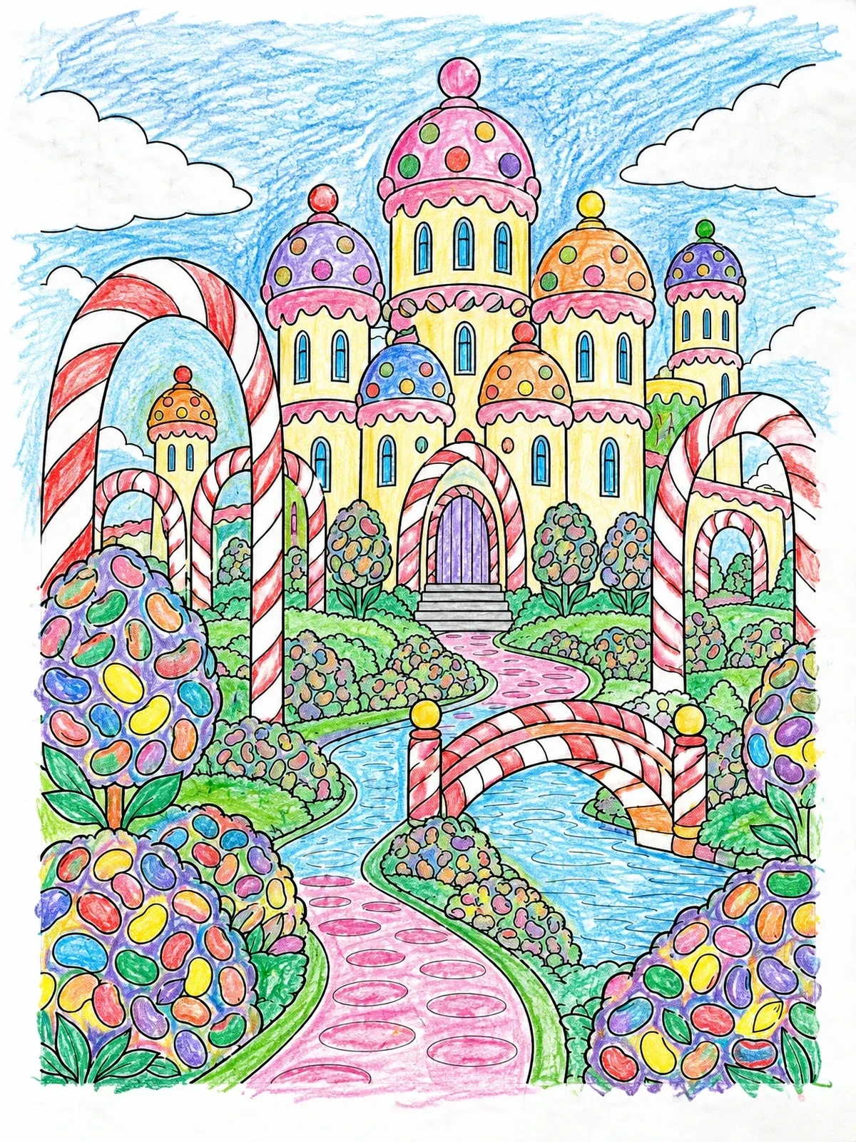 Colored example of the Enchanted Sweet Candy Castle coloring page