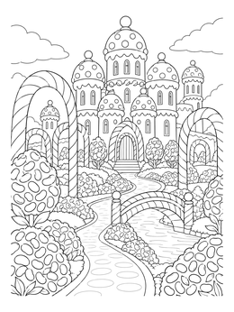 A candy coloring page showing a sugary castle with candy cane arches, jelly bean bushes, and a river.