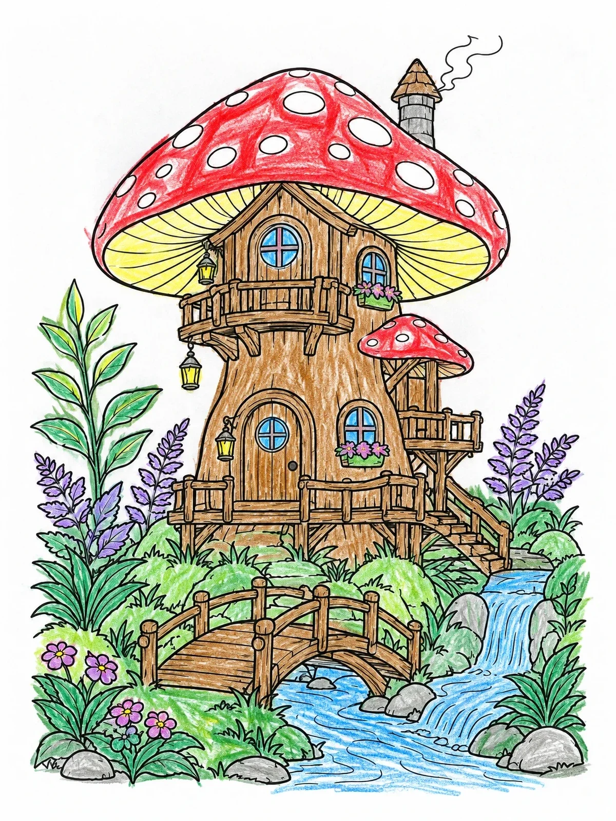 Colored example of the Enchanted Toadstool Cottage With Bridge coloring page