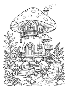 Free printable Enchanted Toadstool Cottage With Bridge coloring page