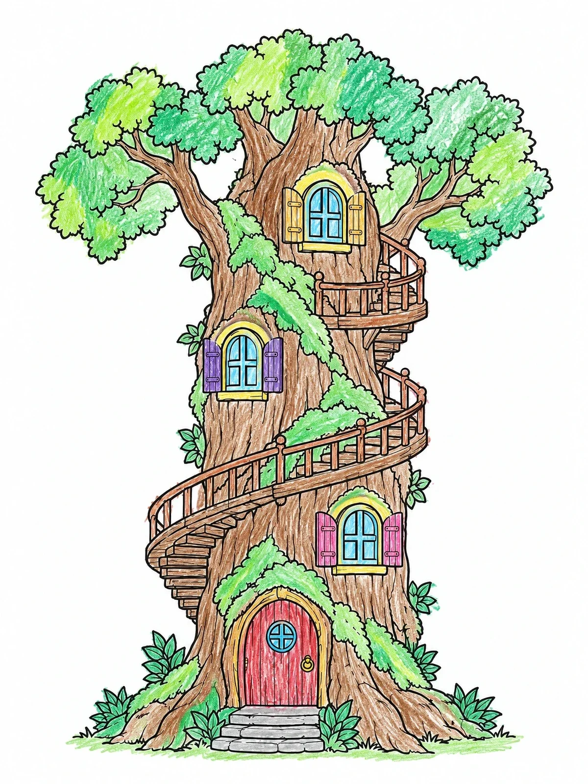 Colored example of the Enchanted Tree Trunk Fairy Cottage coloring page