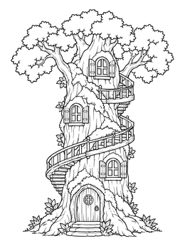 Free printable Enchanted Tree Trunk Fairy Cottage coloring page