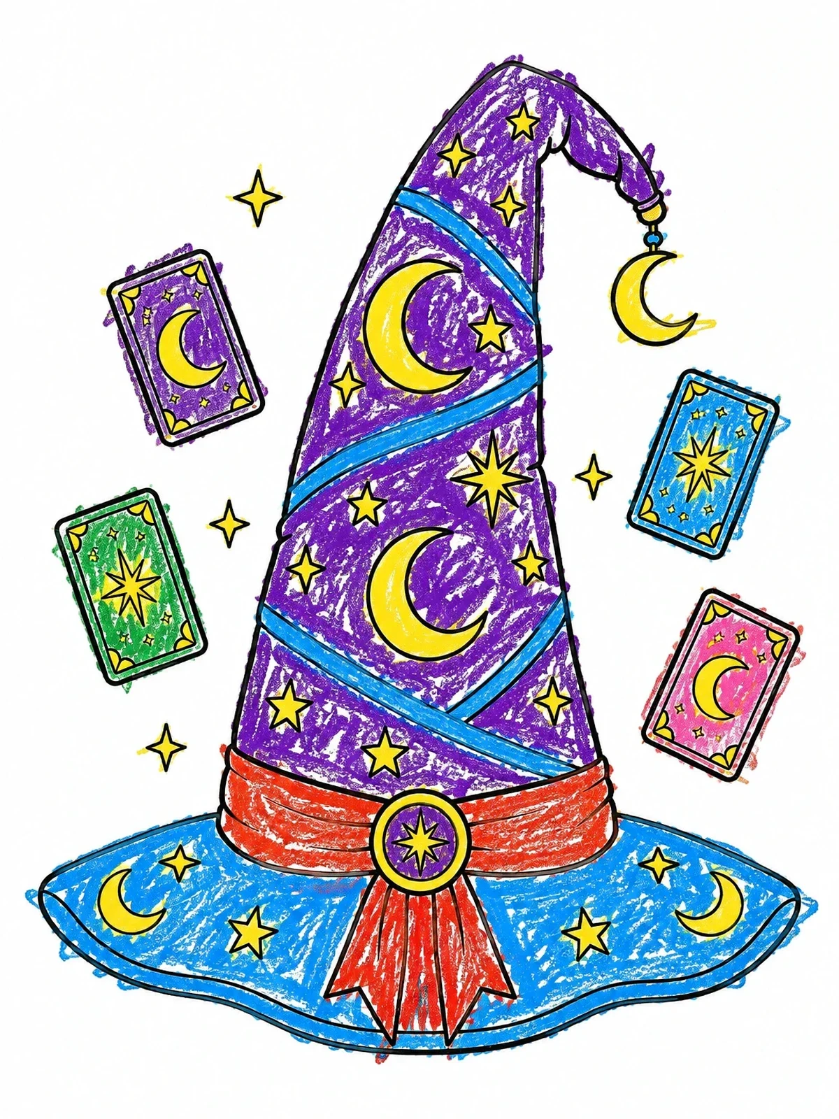 Colored example of the Enchanted Wizard Hat With Magic Cards coloring page