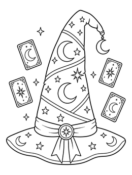 A magic coloring page showing an ornate wizard hat surrounded by floating celestial cards.