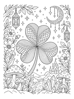 Detailed shamrock coloring page with patterned leaves, glowing lanterns, mushrooms, and a starry night.