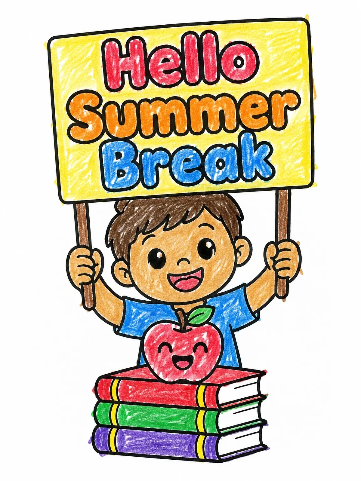 Colored example of the Boy Celebrating Summer Break With Sign coloring page