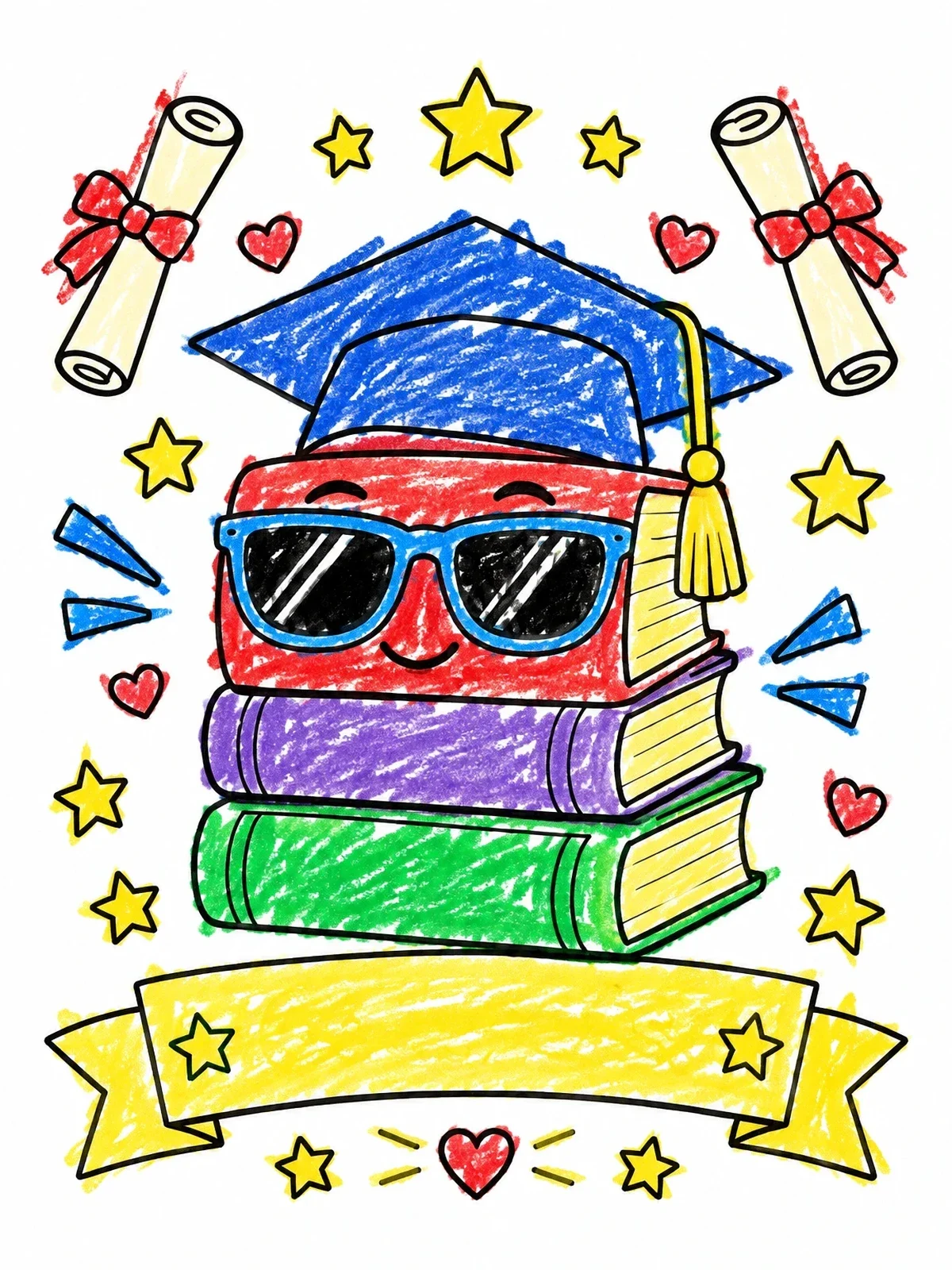 Colored example of the Cool Graduation Book Stack coloring page