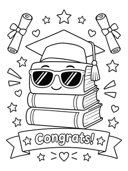 A smiling stack of books wearing sunglasses and a cap in this end of school coloring page.